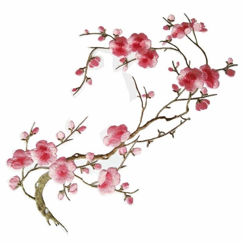 FJTANG 1pcs Big Plum Blossom Iron On Patches Embroidery Flower Appliques 14.1"x7.5" (36x19cm) (Pink/Khaki) - Image 1